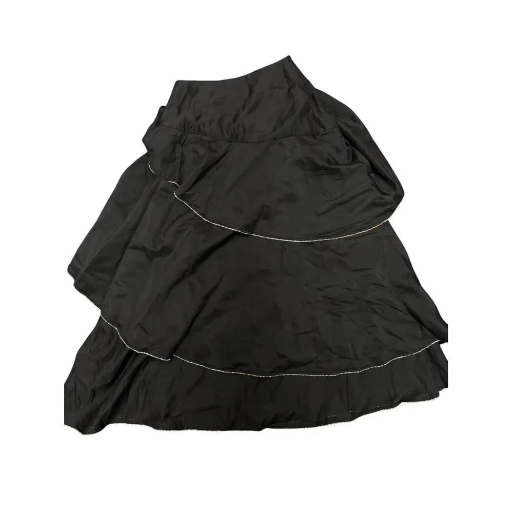 Sister Jane Black Ruffle Midi Skirt Beaded Trim Tiered XS Romantic